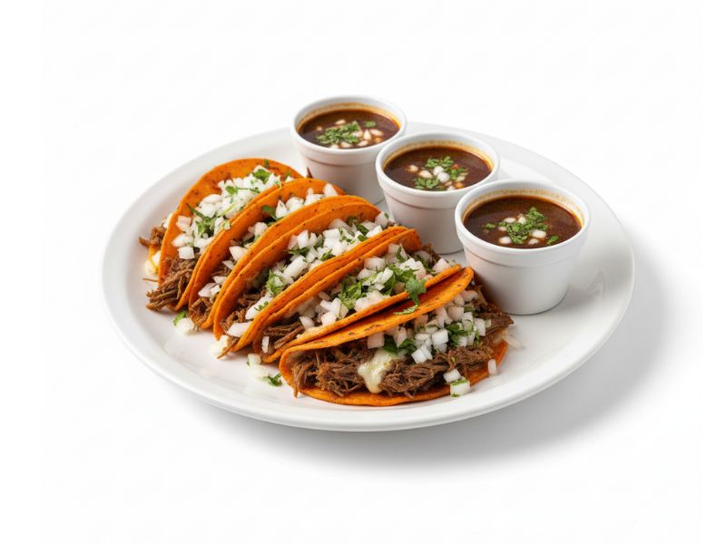 Four vibrant birria tacos with shredded meat, melted cheese, and fresh onion and cilantro on a white plate, served with three small cups of flavorful consommé on the side.